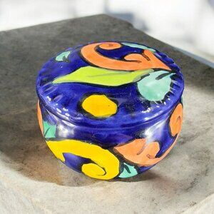 Vintage Hand Made Mexican Pottery Trinket Dish W Lid Hand Painted Jewelry Holder